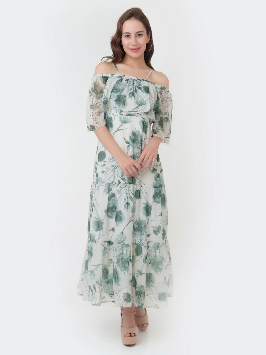 Off White Printed Tiered Maxi Dress - Image 2