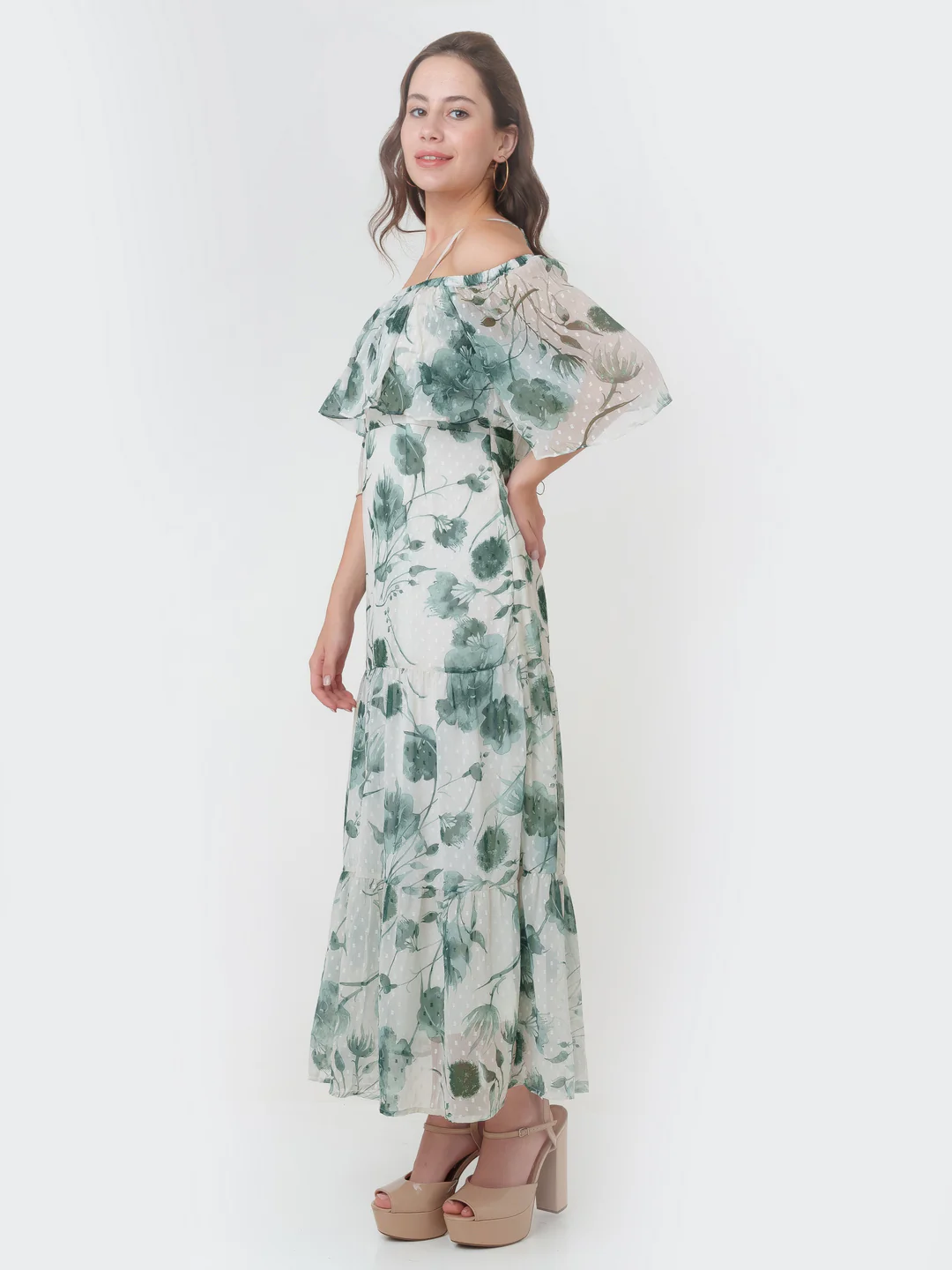 Off White Printed Tiered Maxi Dress - Image 3