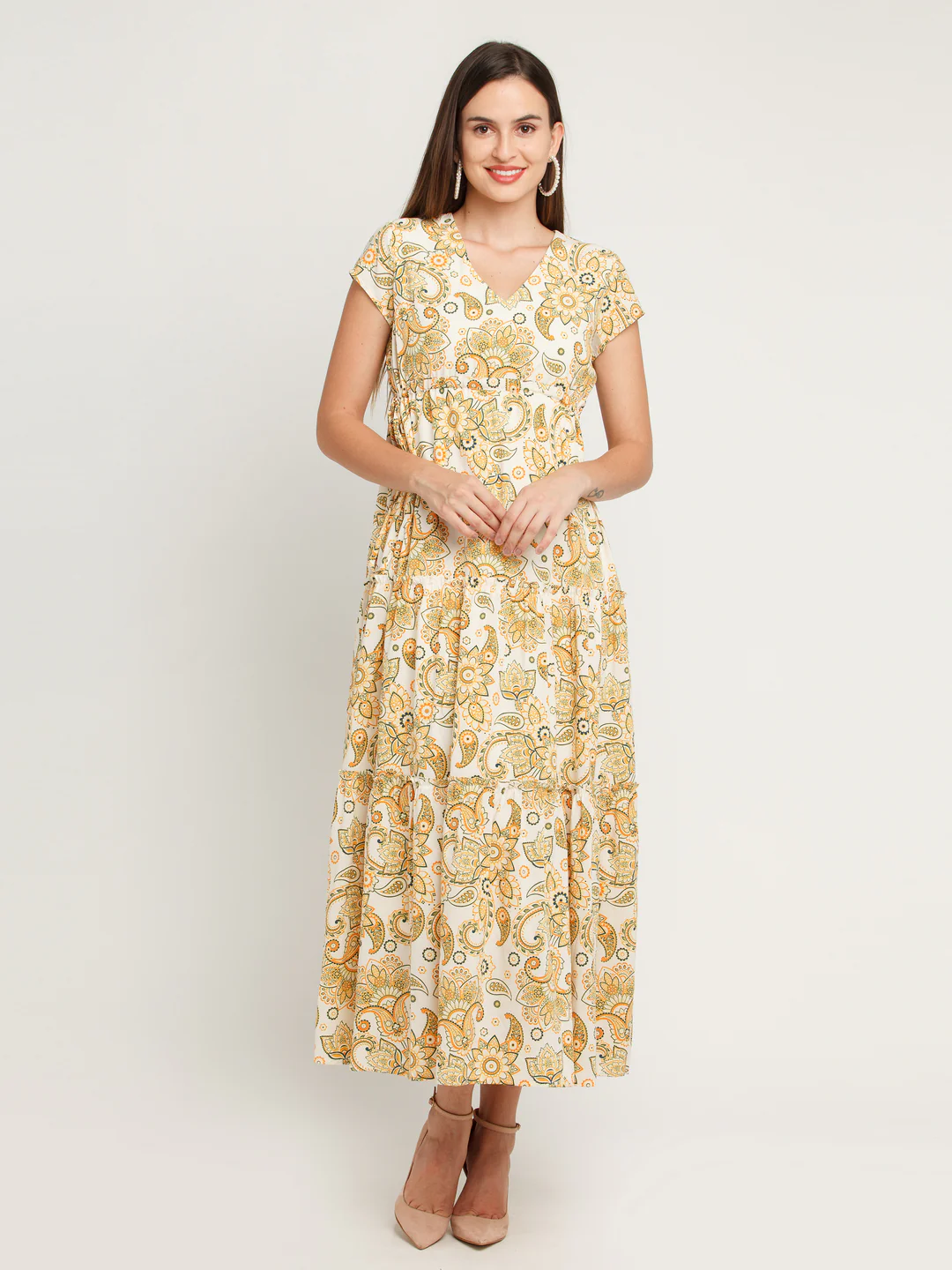 Off White Printed Tiered Maxi Dress - Image 2