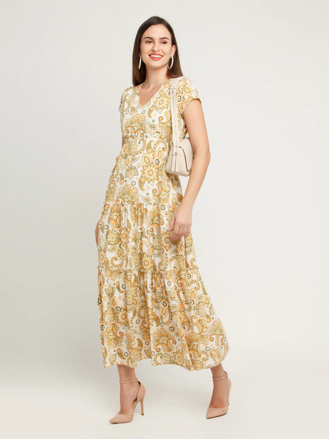 Off White Printed Tiered Maxi Dress - Image 5