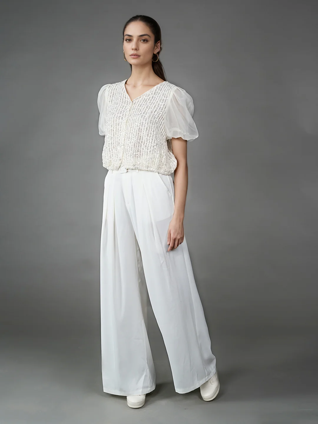 Off White Solid Embellished Basic Top
