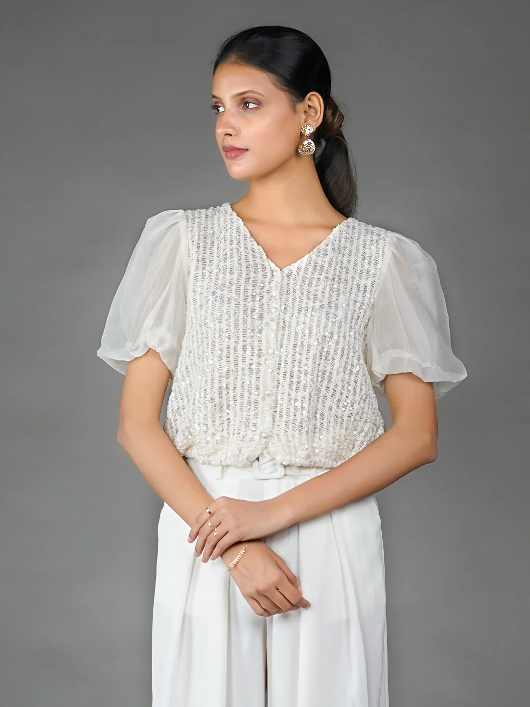 Off White Solid Embellished Basic Top - Image 2
