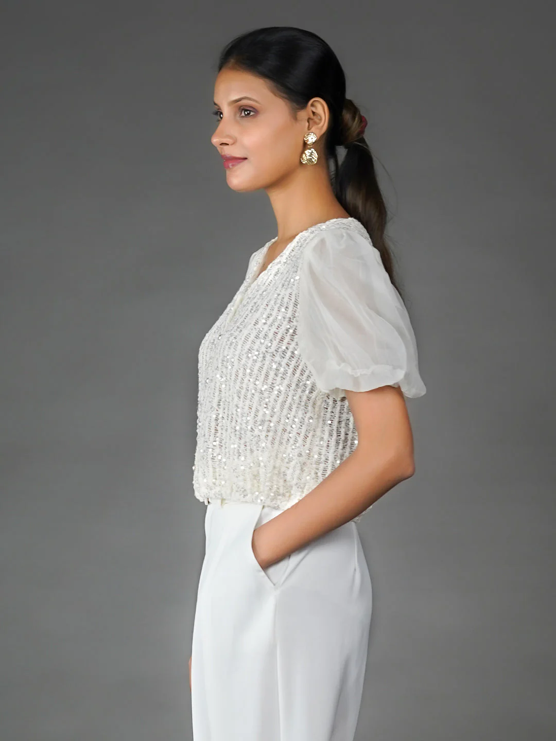 Off White Solid Embellished Basic Top - Image 3