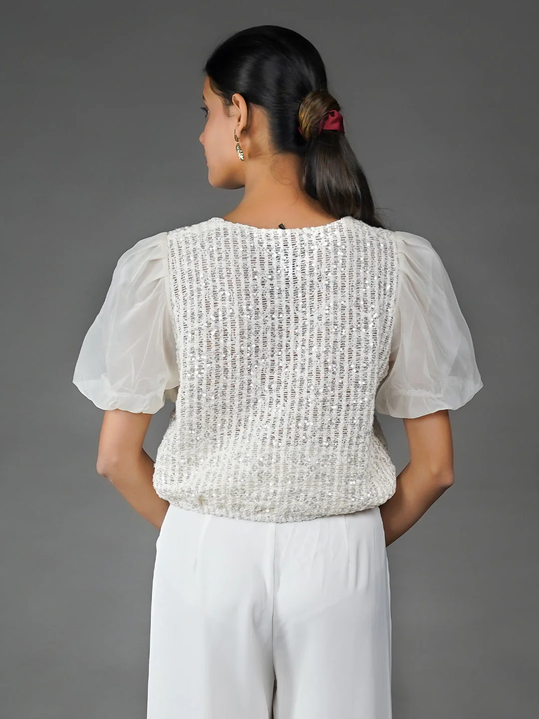 Off White Solid Embellished Basic Top - Image 4