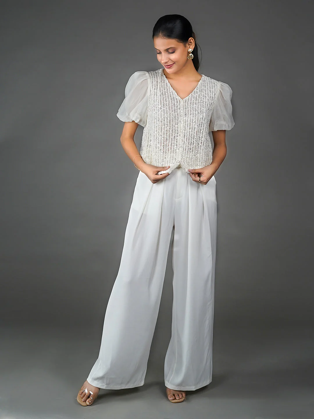 Off White Solid Embellished Basic Top - Image 5