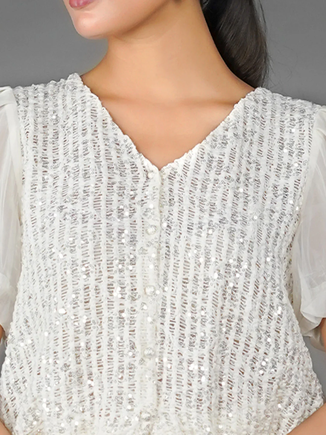 Off White Solid Embellished Basic Top - Image 6