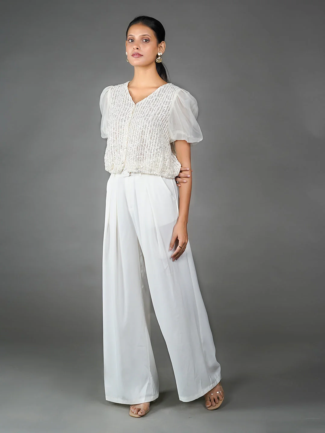 Off White Solid Embellished Basic Top - Image 7