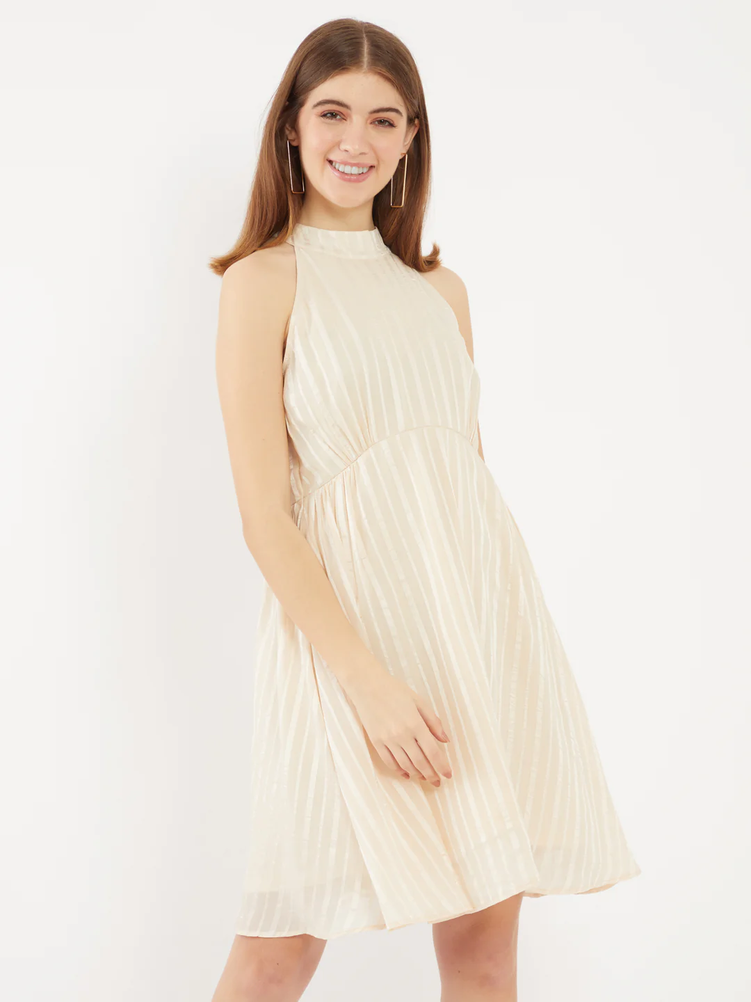Off White Solid Gathered Short Dress - Image 2