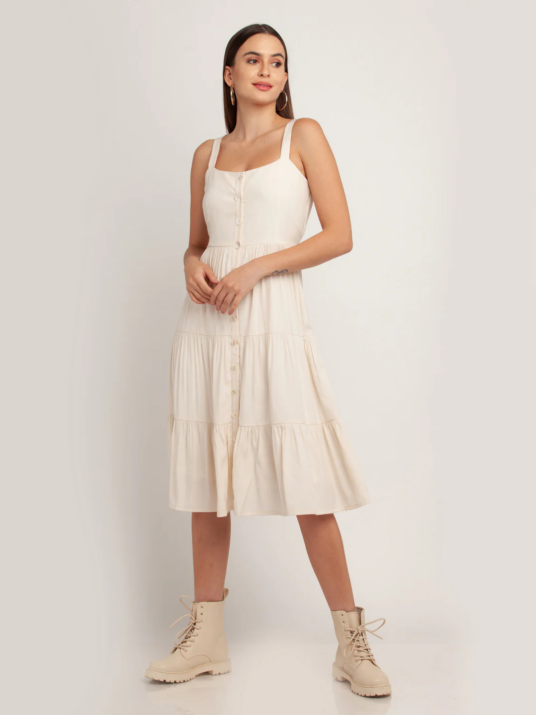 Off White Solid Tiered Midi Dress - Image 2