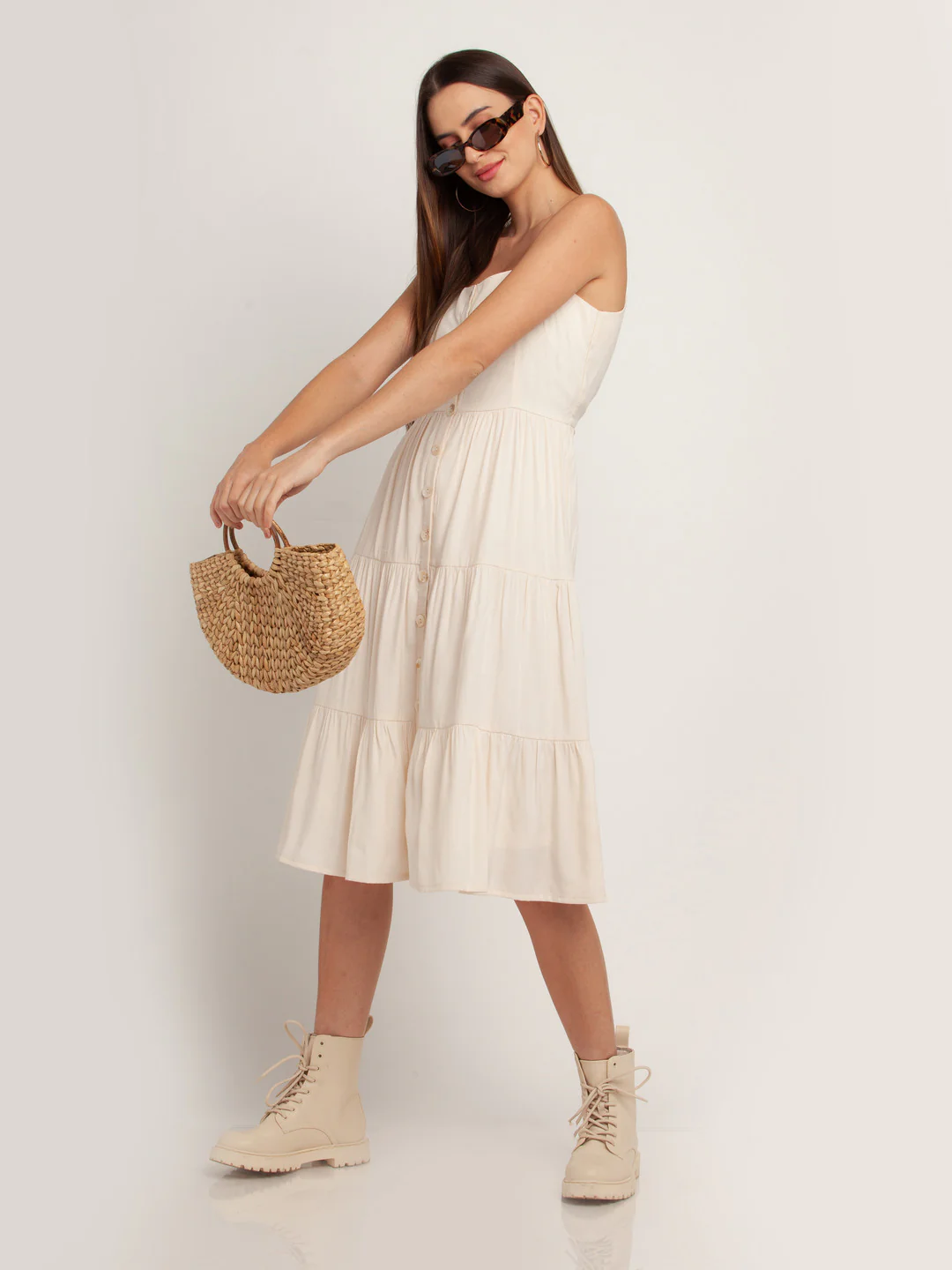 Off White Solid Tiered Midi Dress - Image 5