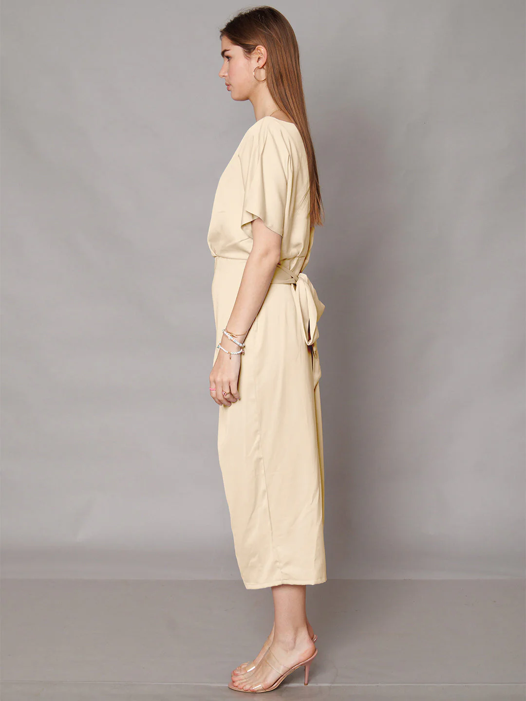 Off White Solid Waist Tie-Up Maxi Dress - Image 3