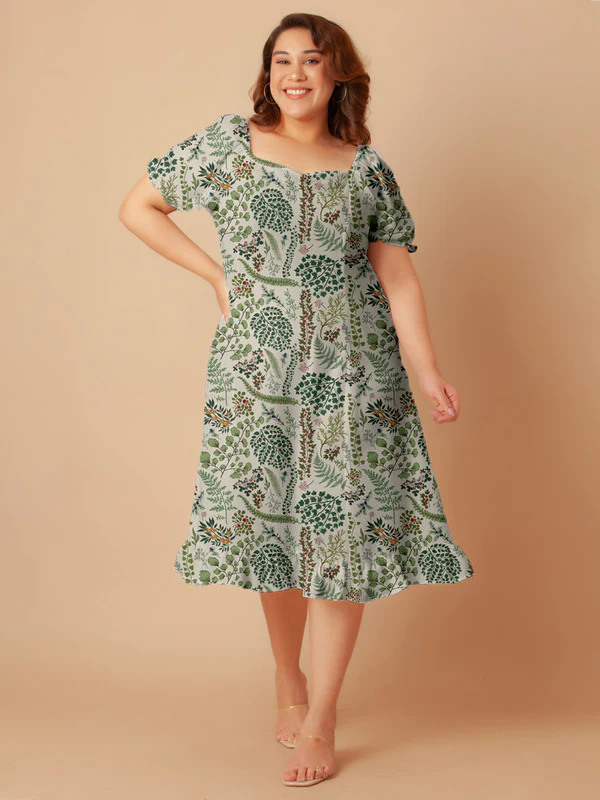 Off White Tropical Print A-Line Midi Dress