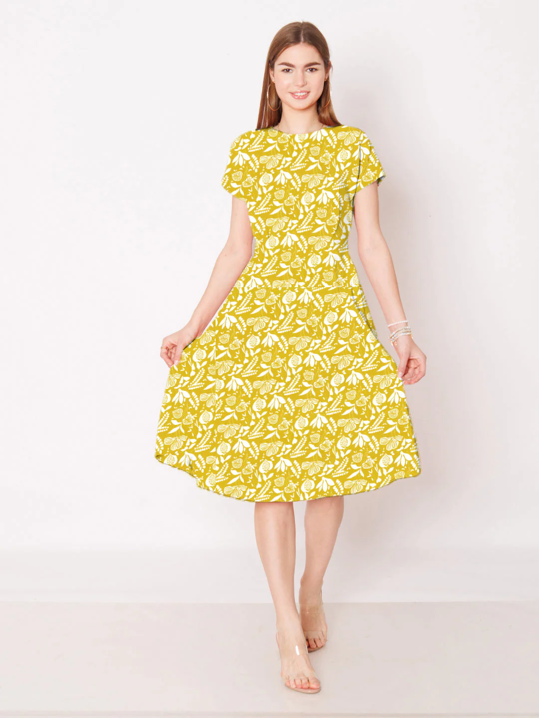 Olive Green Geometric Printed A-Line Midi Dress