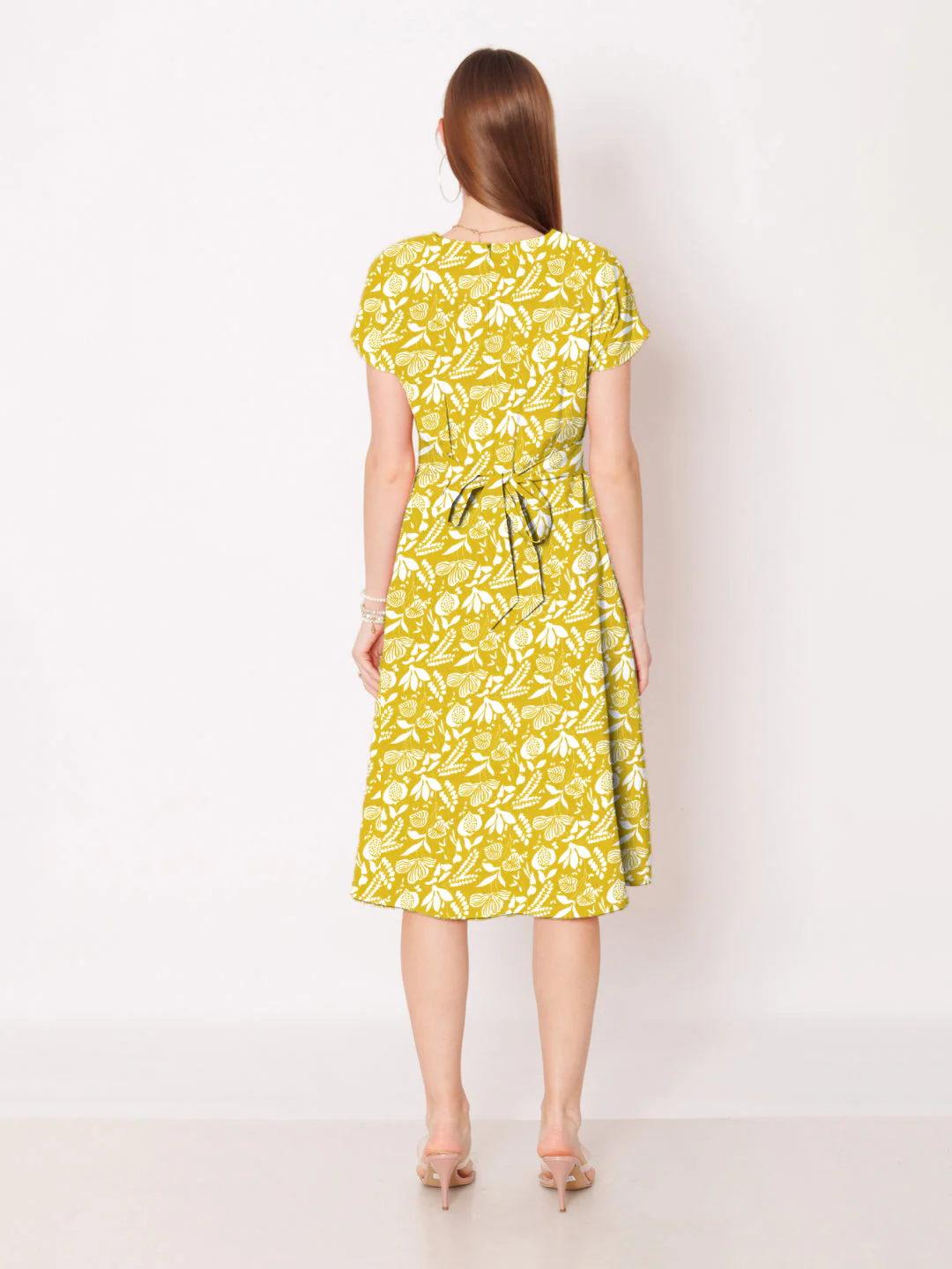 Olive Green Geometric Printed A-Line Midi Dress - Image 4