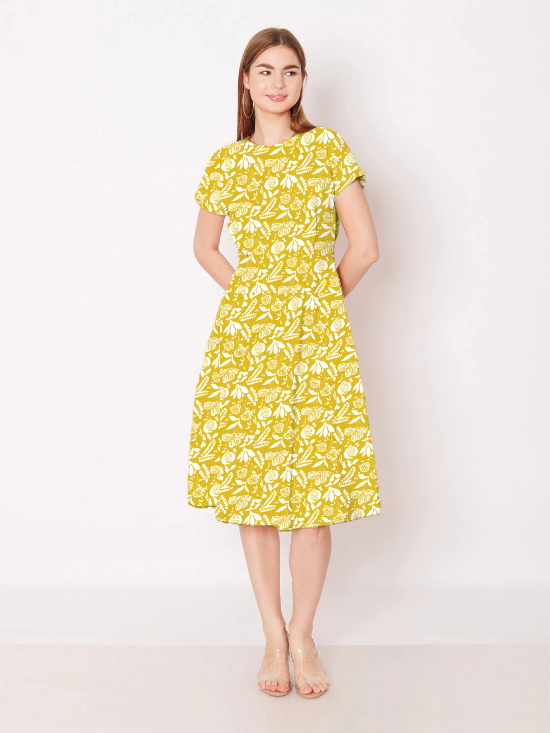 Olive Green Geometric Printed A-Line Midi Dress - Image 5