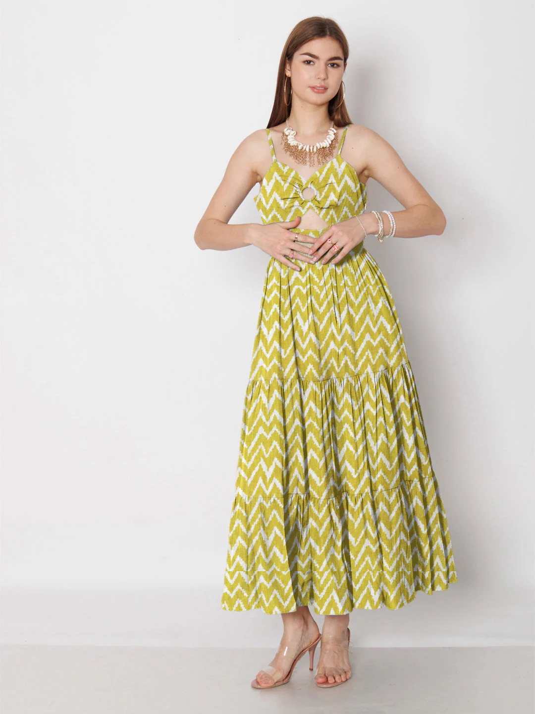 Olive Green Geometric Printed Fit & Flare Maxi Dress - Image 5