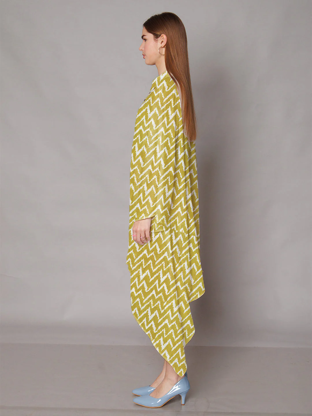 Olive Green Geometric Printed High-Low Midi Dress - Image 3