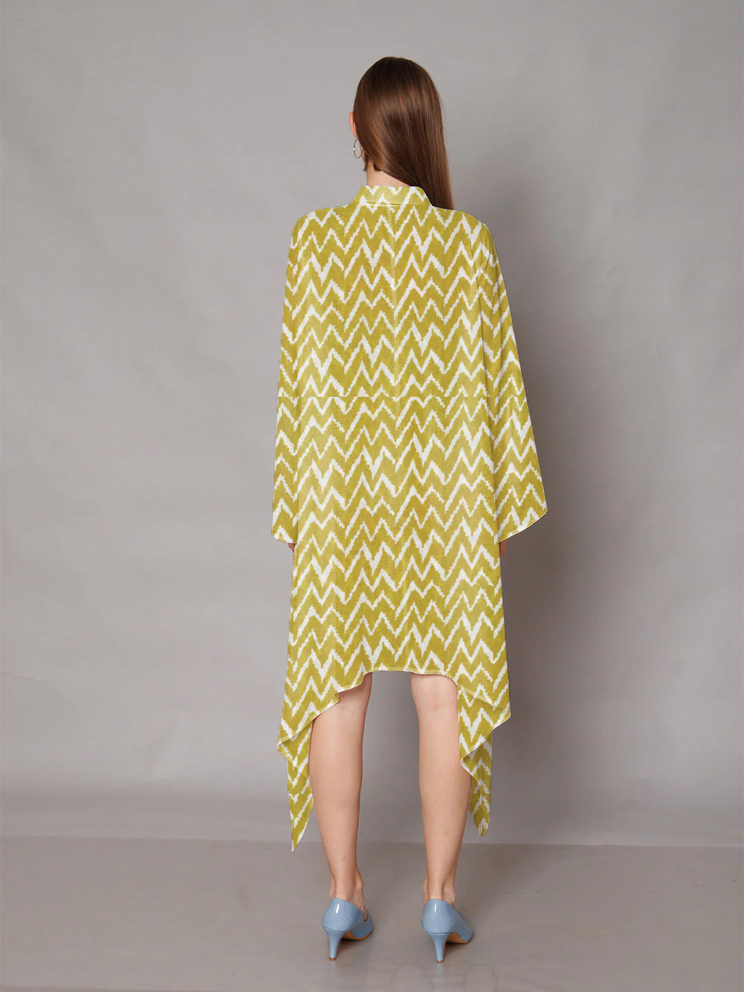 Olive Green Geometric Printed High-Low Midi Dress - Image 4