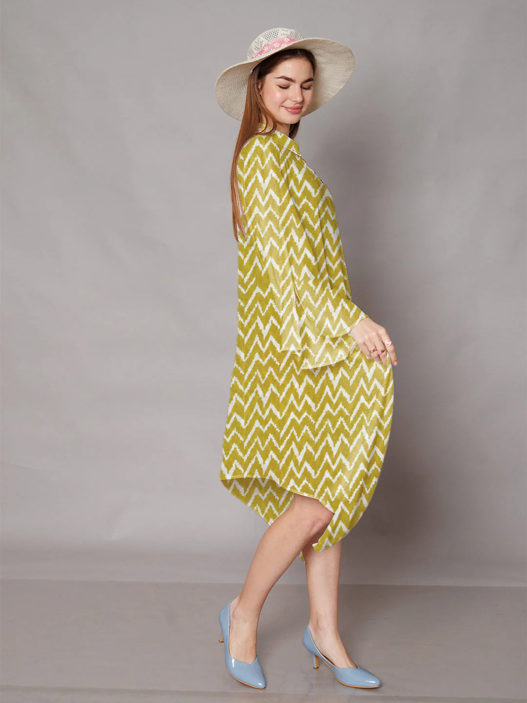 Olive Green Geometric Printed High-Low Midi Dress - Image 5
