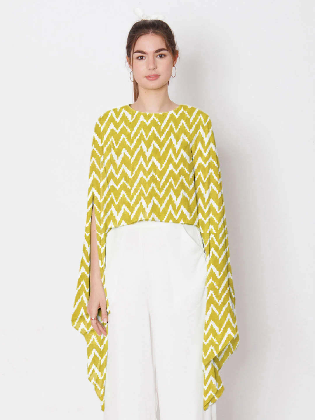 Olive Green Geometric Printed Stylised Sleeve Top - Image 2