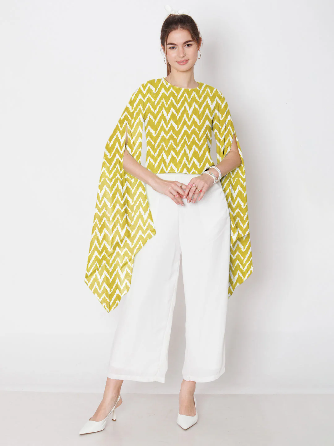 Olive Green Geometric Printed Stylised Sleeve Top - Image 5