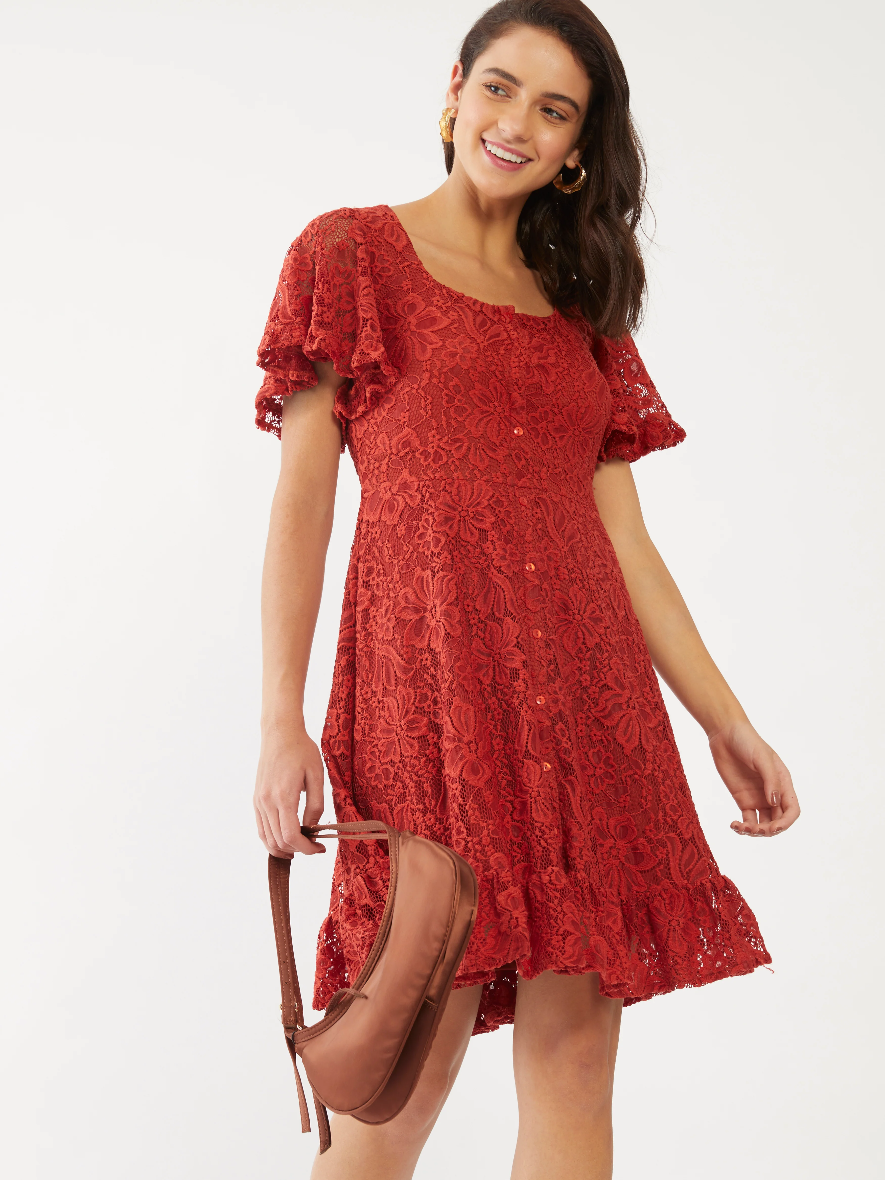 Orange Lace Flared Sleeve Short Dress