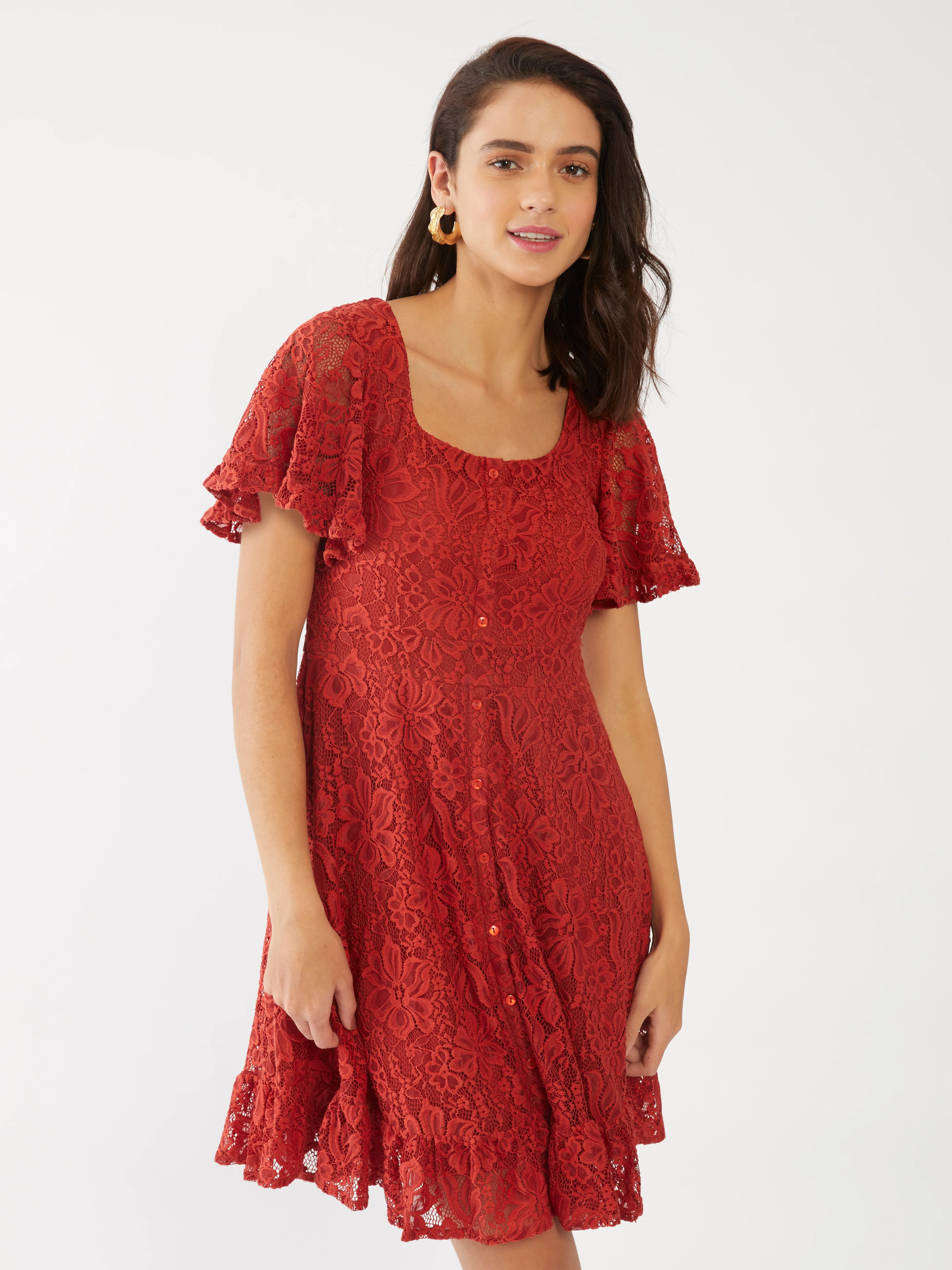 Orange Lace Flared Sleeve Short Dress - Image 2