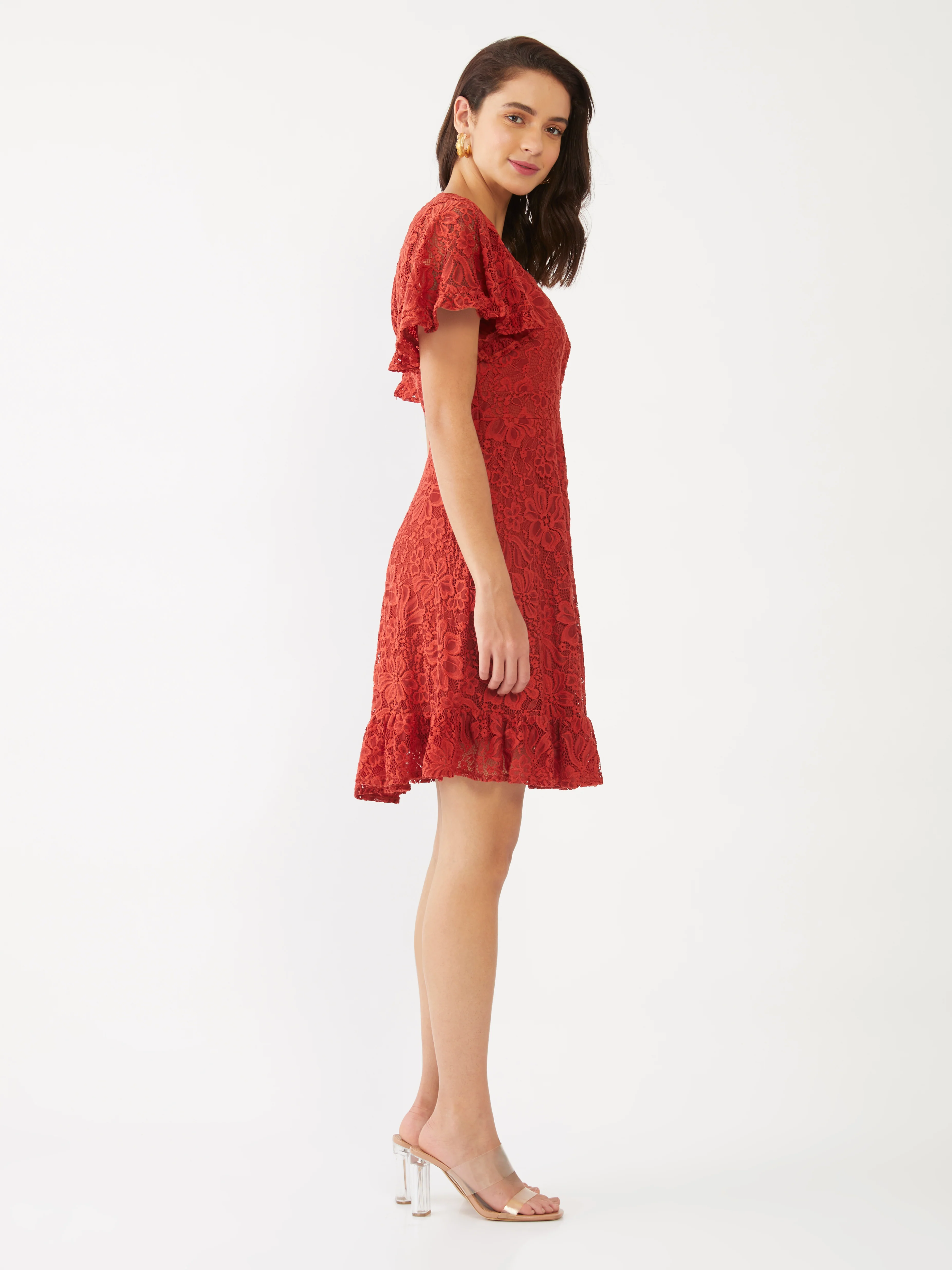 Orange Lace Flared Sleeve Short Dress - Image 3