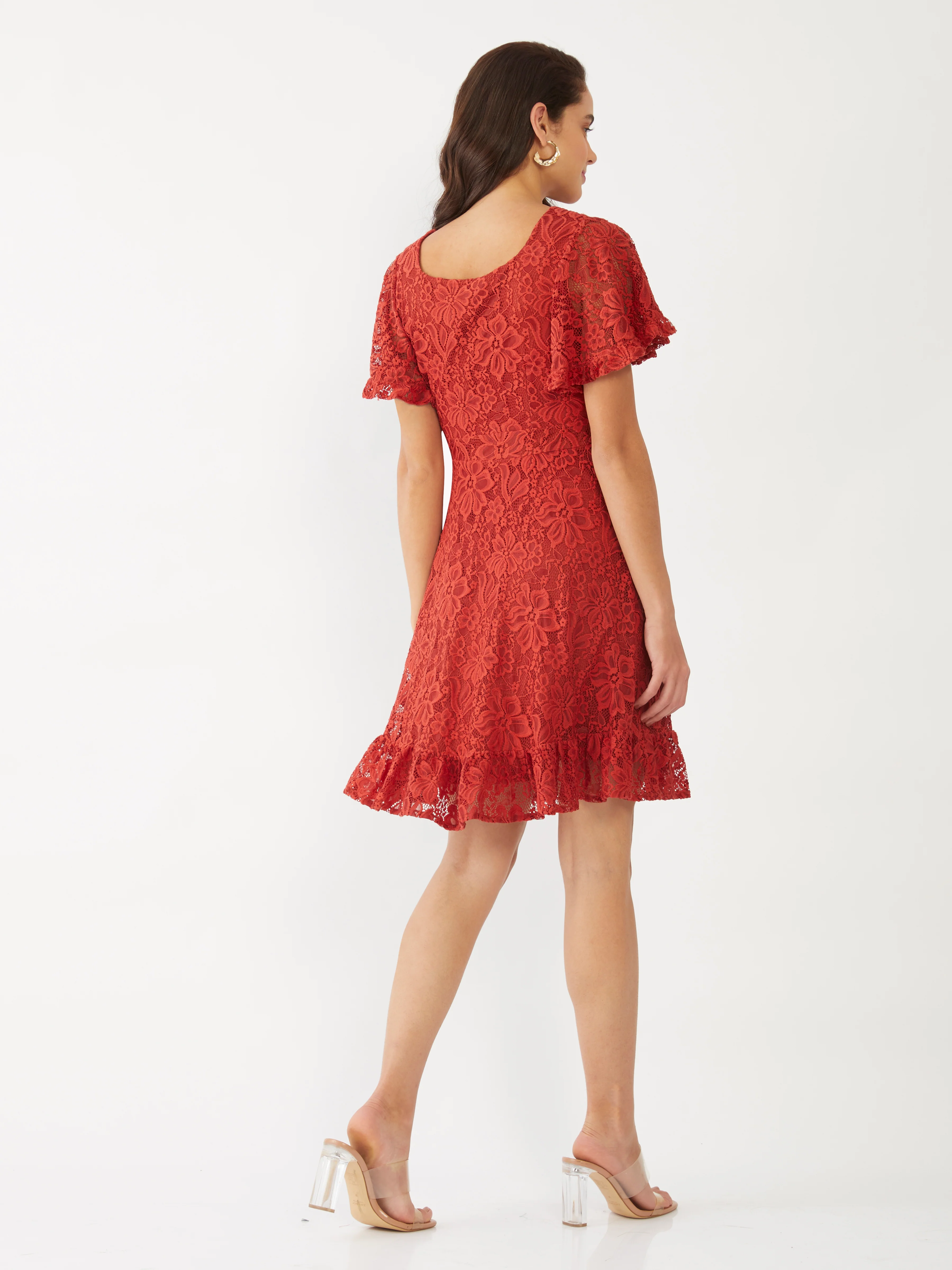 Orange Lace Flared Sleeve Short Dress - Image 4