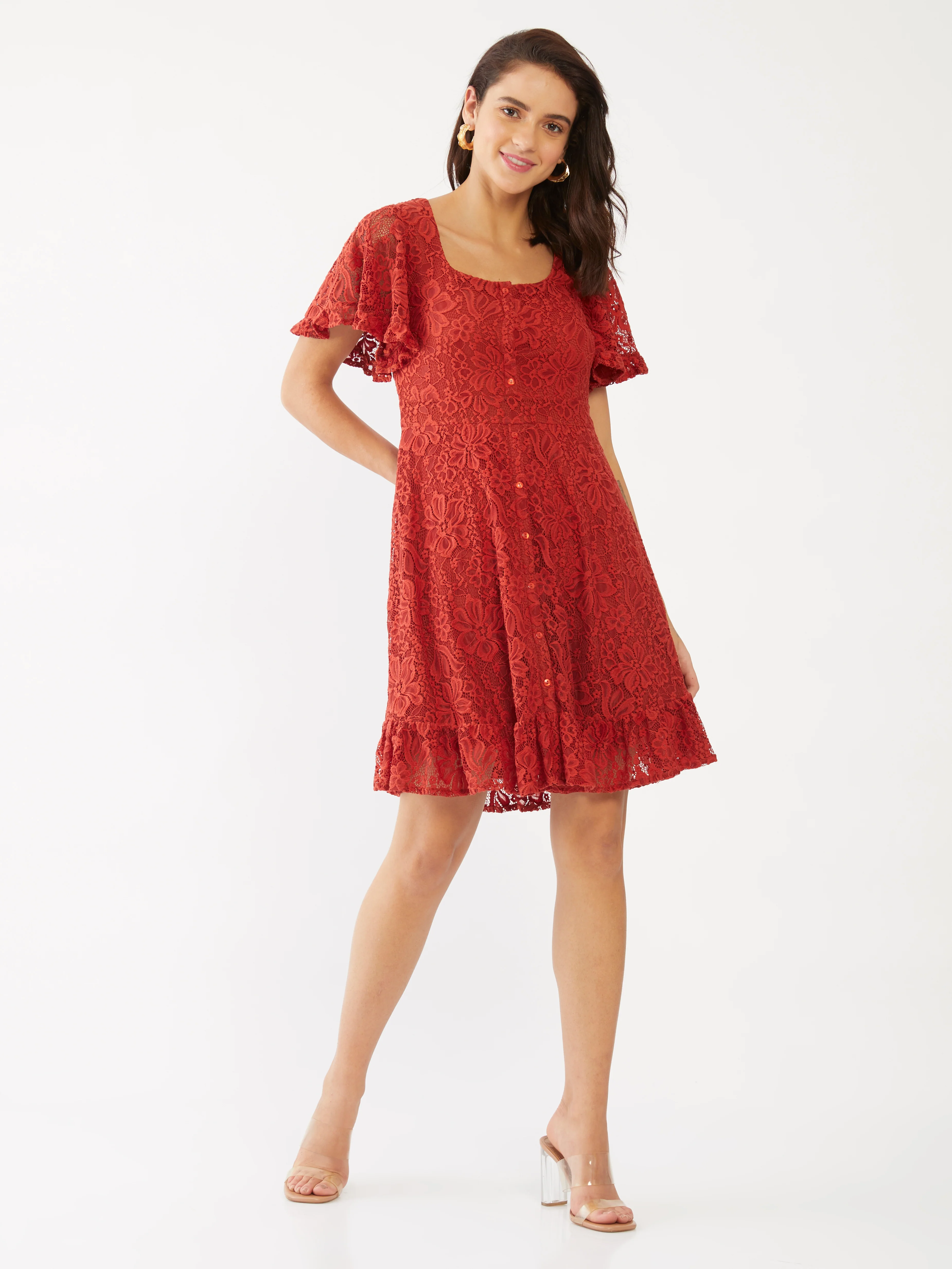 Orange Lace Flared Sleeve Short Dress - Image 5