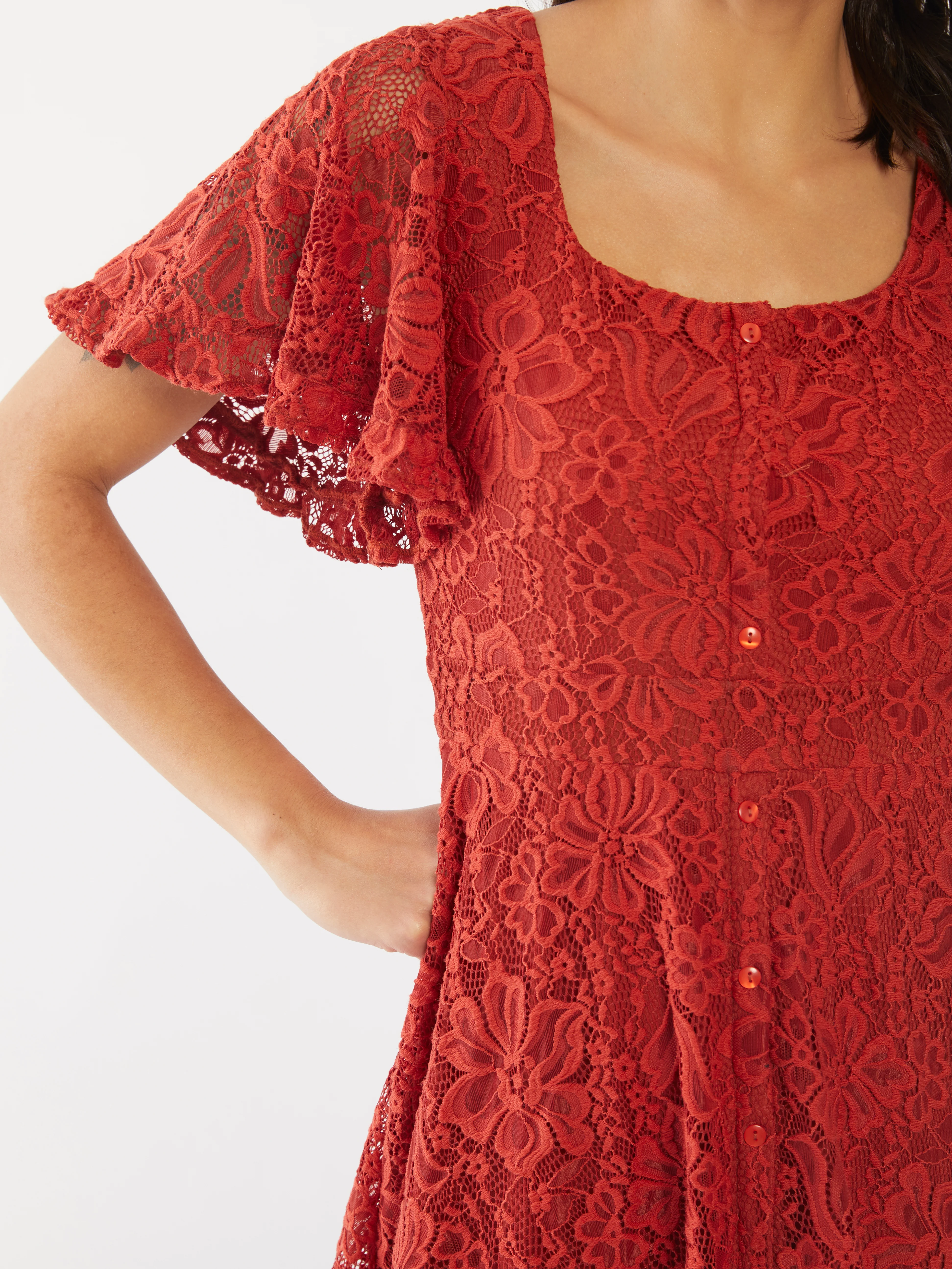 Orange Lace Flared Sleeve Short Dress - Image 6