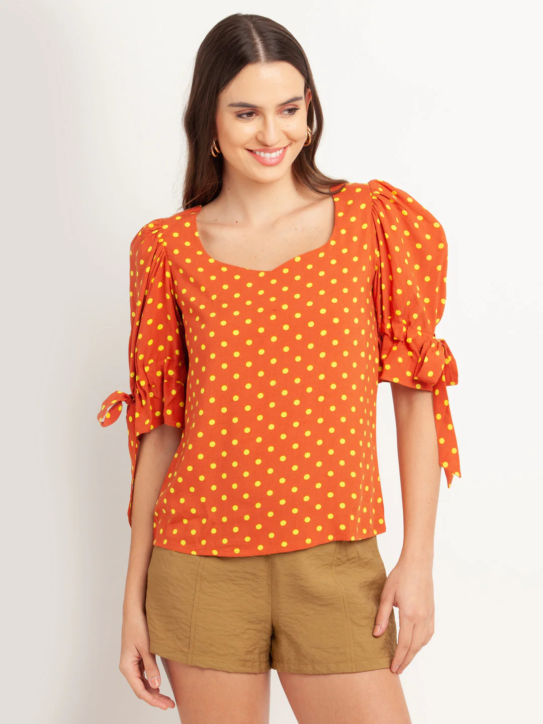 Orange Printed Puff Sleeve Top - Image 2