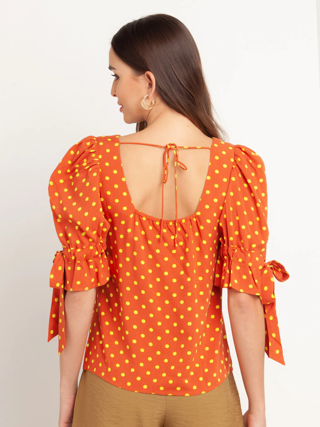 Orange Printed Puff Sleeve Top - Image 4