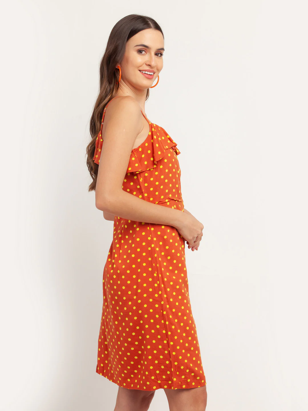 Orange Printed Ruffled Short Dress - Image 3