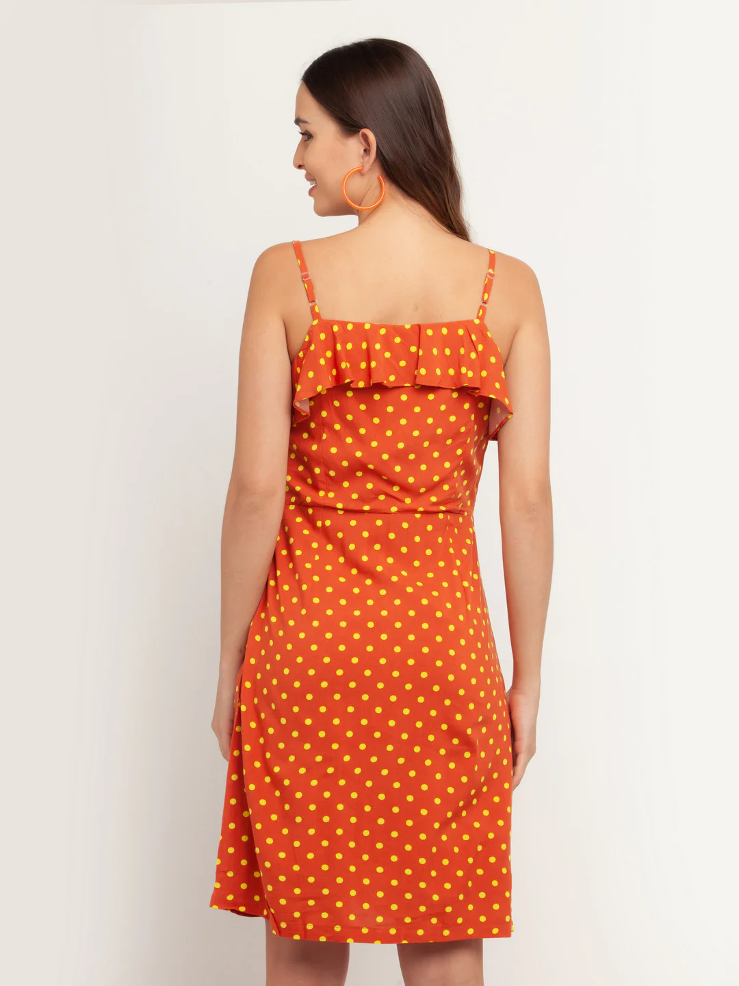 Orange Printed Ruffled Short Dress - Image 4
