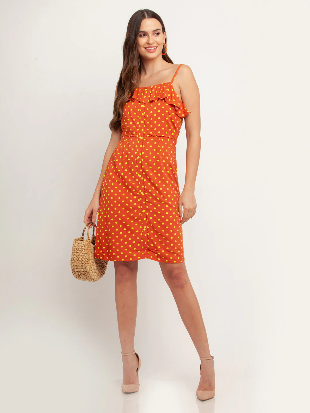 Orange Printed Ruffled Short Dress - Image 5