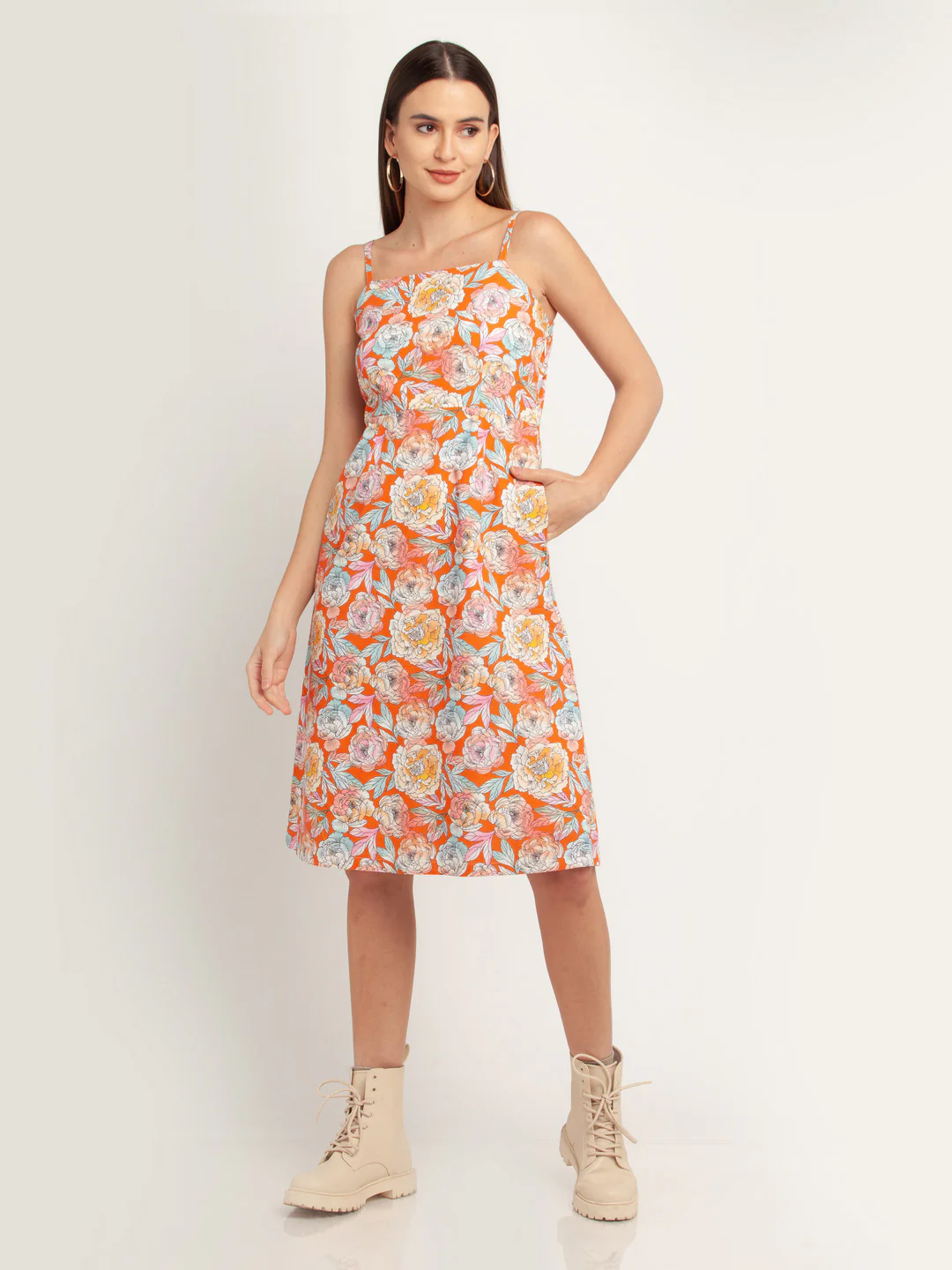 Orange Printed Strappy Midi Dress - Image 2