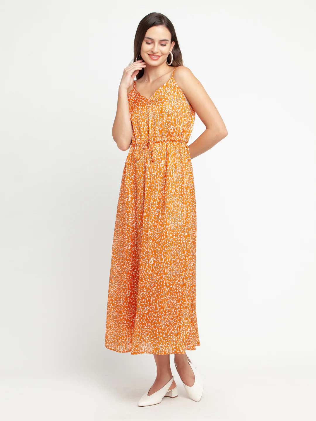 Orange Printed Tie-Up Maxi Dress - Image 2