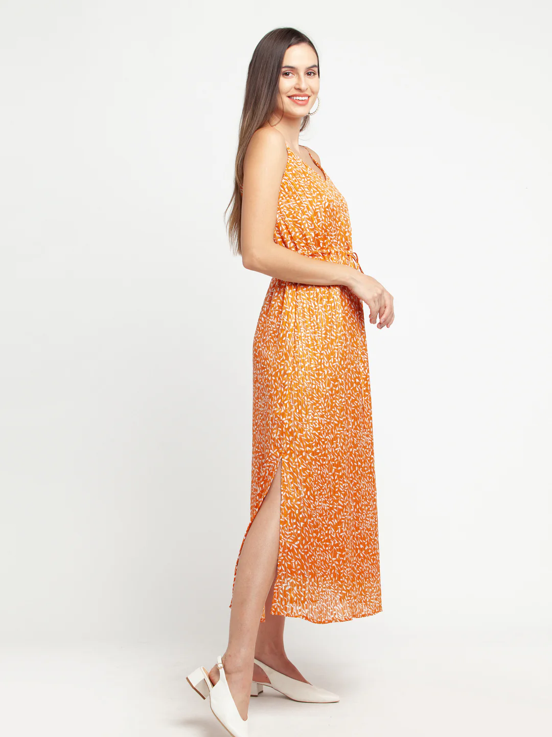 Orange Printed Tie-Up Maxi Dress - Image 3