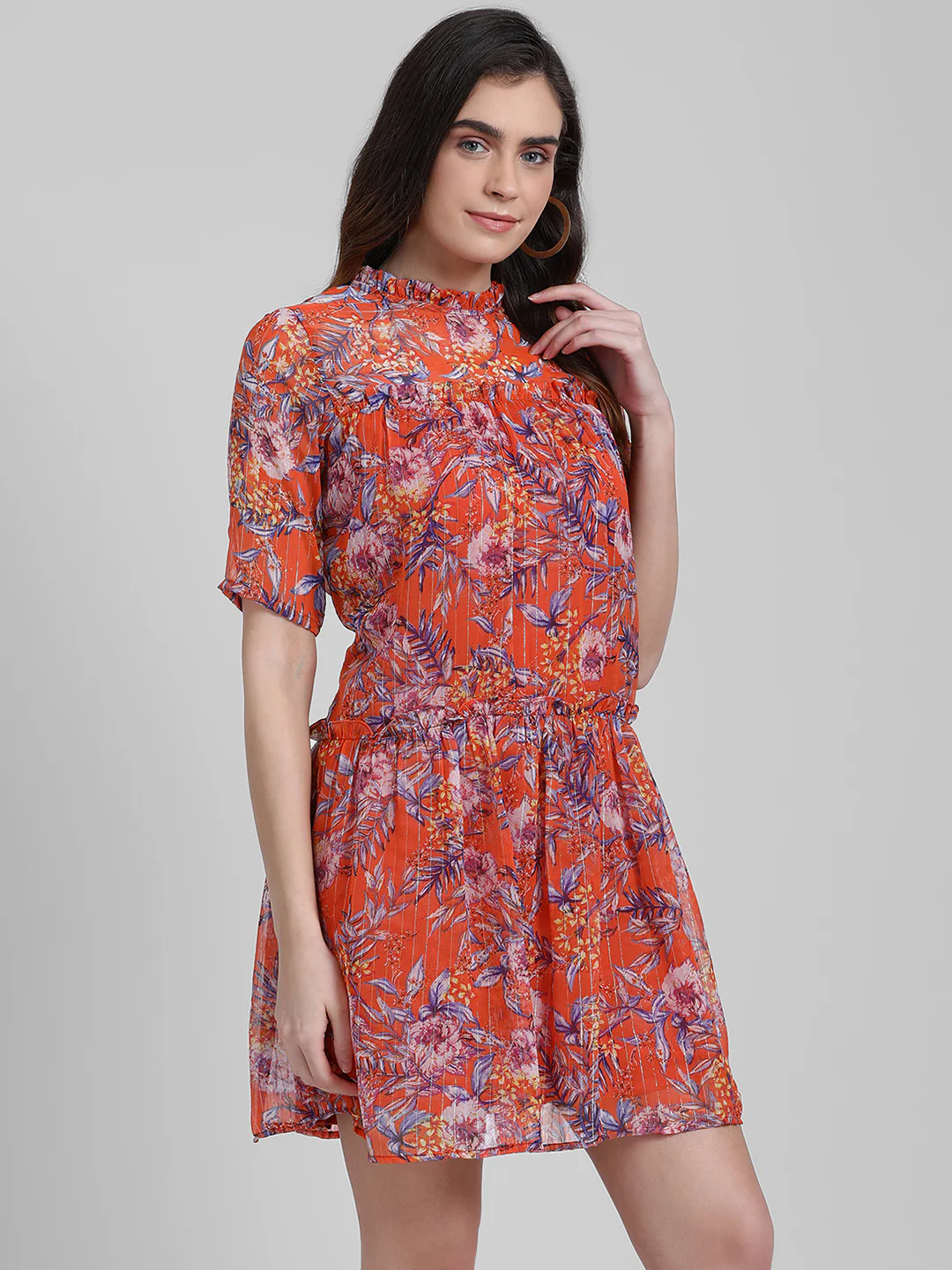 Orange Self Design A-Line Dress - Image 3