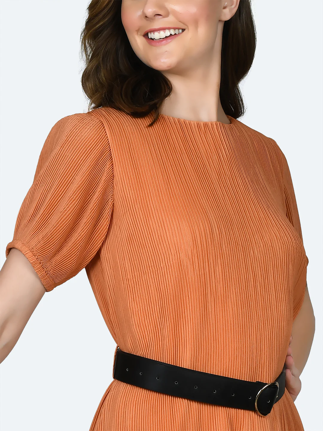 Orange Self Design Pleated Short Dress - Image 6