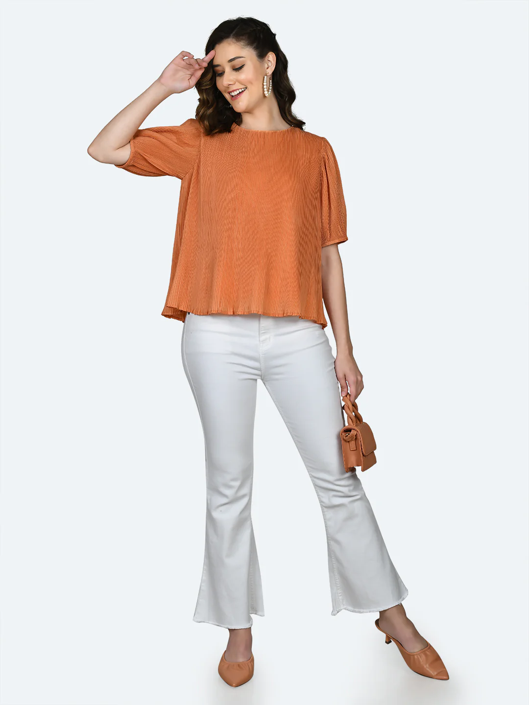 Orange Self Design Pleated Top - Image 5