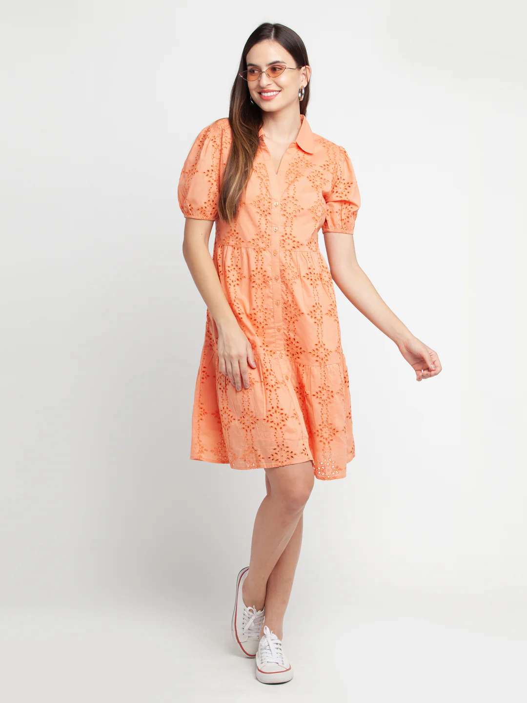 Orange Self Design Shirt Dress Midi Dress