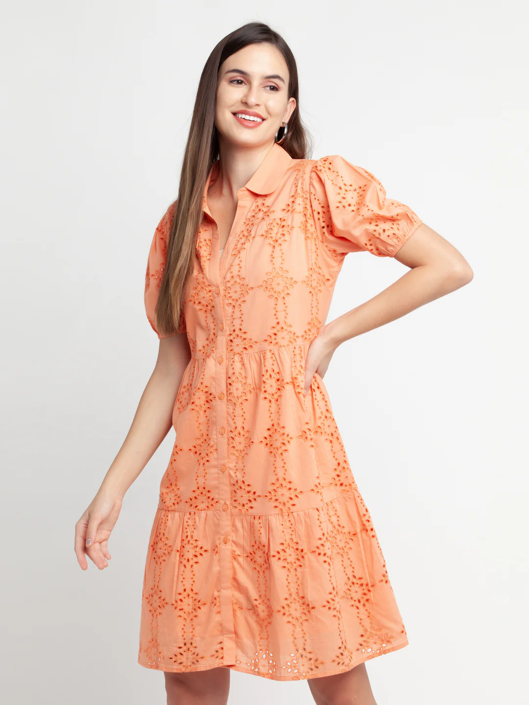 Orange Self Design Shirt Dress Midi Dress - Image 2