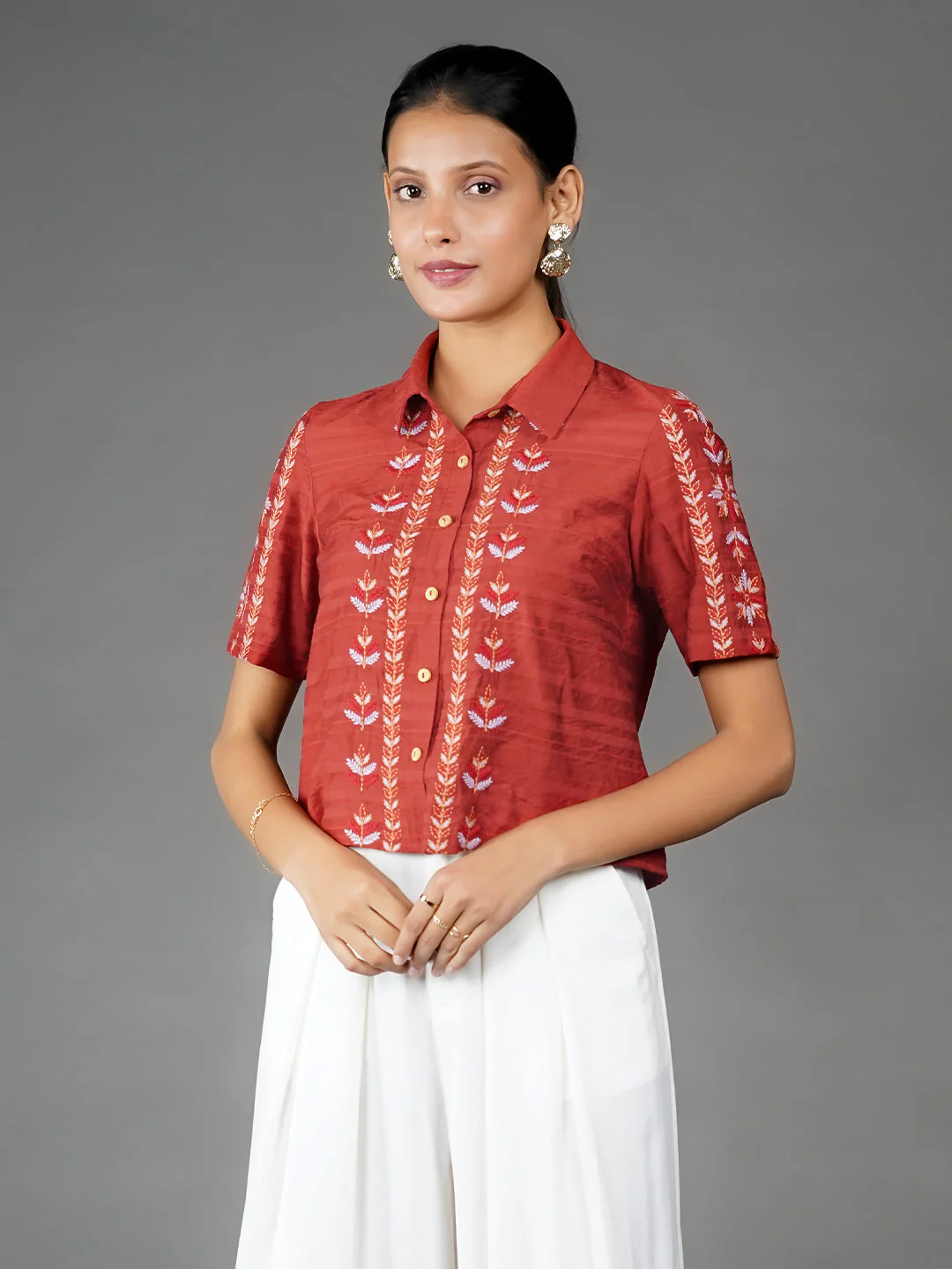 Orange Solid Embroidered Basic Shirt - Image 2