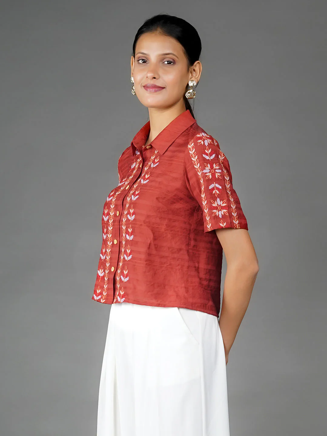 Orange Solid Embroidered Basic Shirt - Image 3