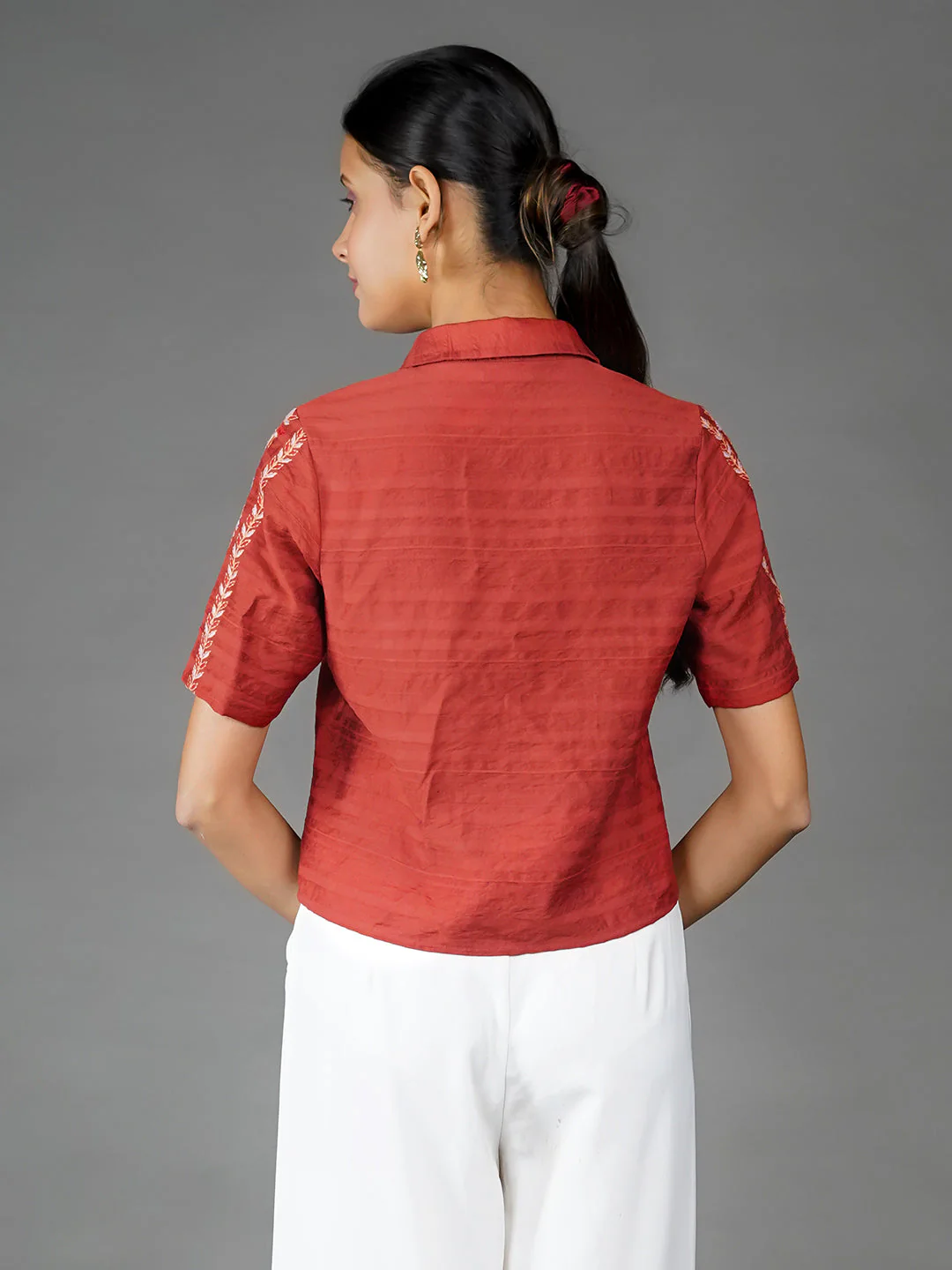Orange Solid Embroidered Basic Shirt - Image 4