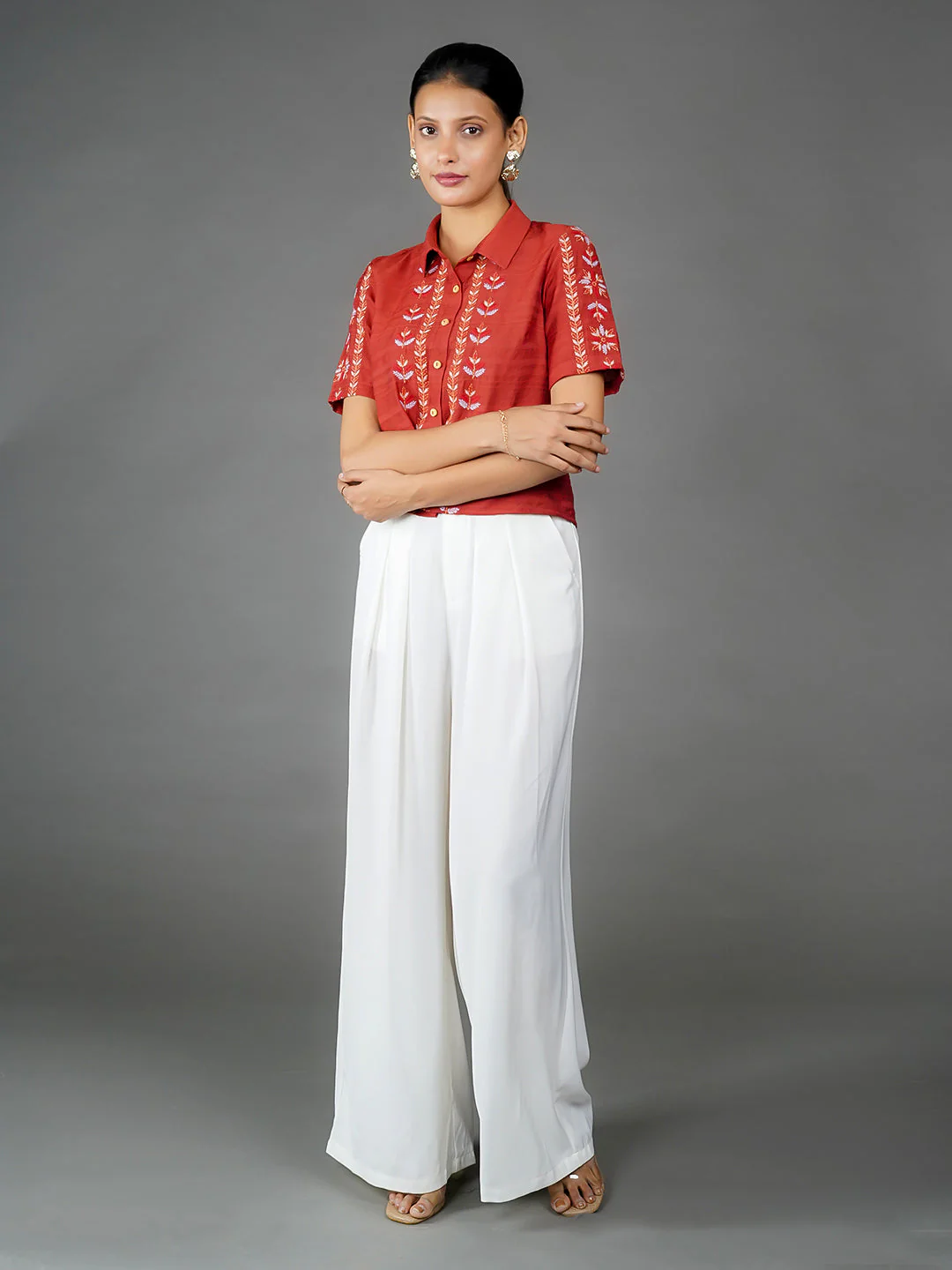 Orange Solid Embroidered Basic Shirt - Image 5