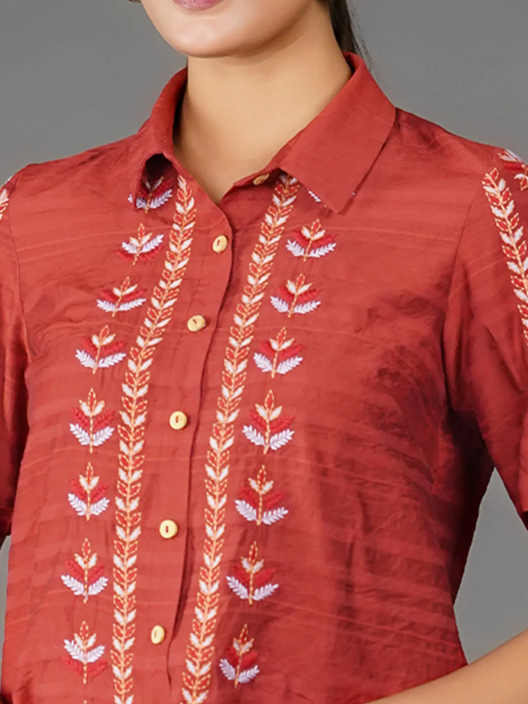 Orange Solid Embroidered Basic Shirt - Image 6