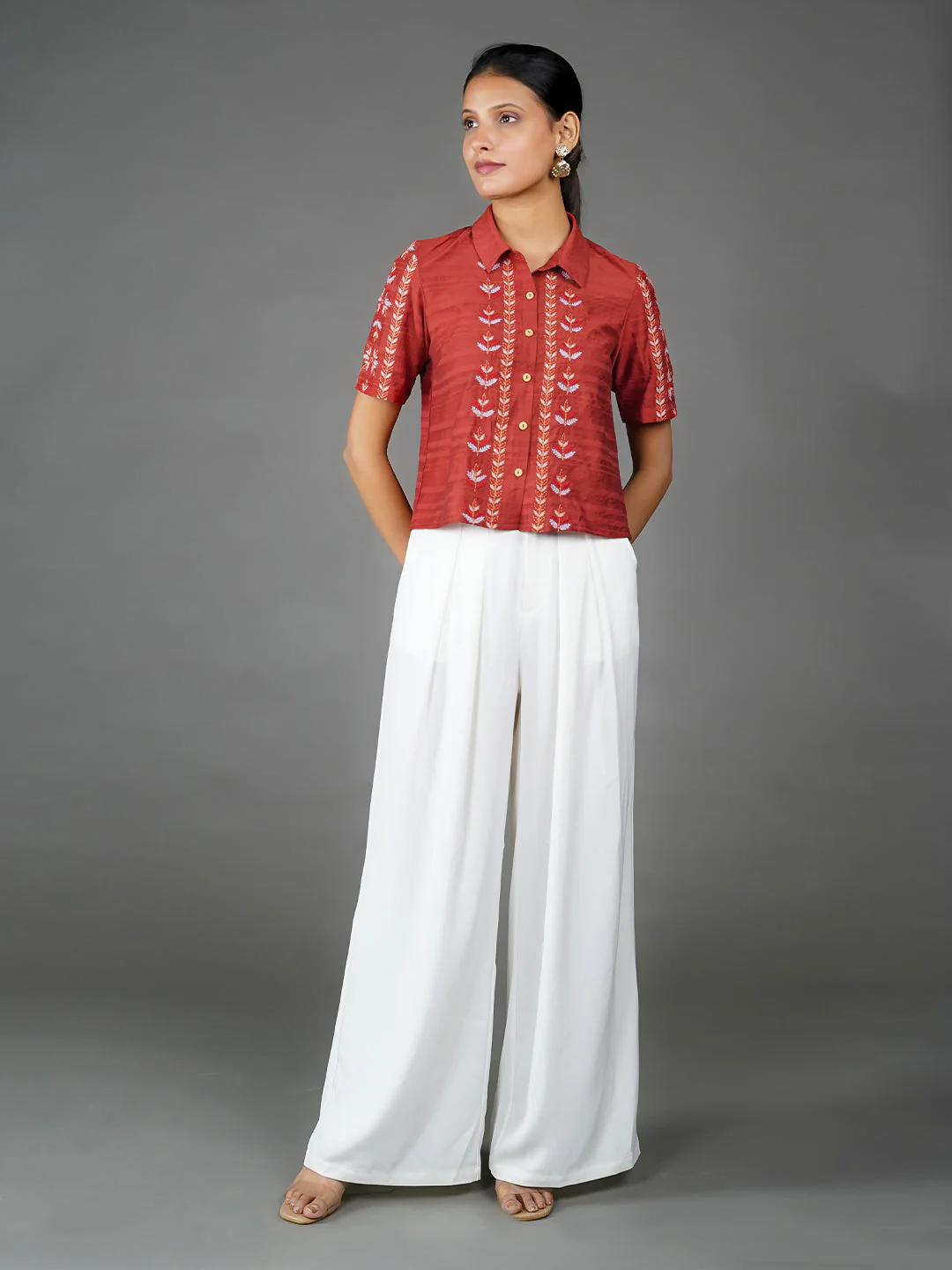 Orange Solid Embroidered Basic Shirt - Image 7